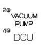 2026 Kia Tasman Vacuum Pump and DCU fuse symbol icon. The image displays the text 'VACUUM PUMP' next to a number 2 enclosed in a square, and 'DCU' next to a number 4 enclosed in a square. Identifies the symbols for the Vacuum Pump and DCU circuits in the engine compartment fuse panel.