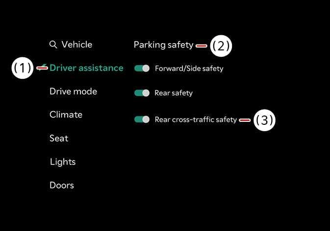 2026 Kia Tasman infotainment settings screen image. Callout (1) marks 'Driver assistance', (2) 'Parking safety', and (3) the teal 'Rear cross-traffic safety' toggle. This describes the function of enabling Rear Cross-Traffic Collision-Avoidance Assist.