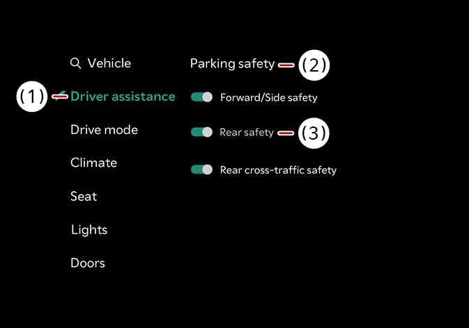 2026 Kia Tasman infotainment settings screen image. The 'Driver assistance' (1) menu is selected and highlighted in teal on the left. The 'Parking safety' (2) section on the right displays 'Rear safety' (3) with an active toggle switch. This explains how to access and configure parking safety settings.