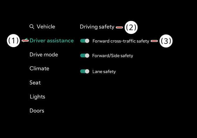 2026 Kia Tasman infotainment system settings screen image. The menu displays callouts for (1) Driver assistance, (2) Driving safety, and (3) Forward cross-traffic safety with its toggle switch enabled. Explains the menu sequence to activate the Forward cross-traffic safety function.