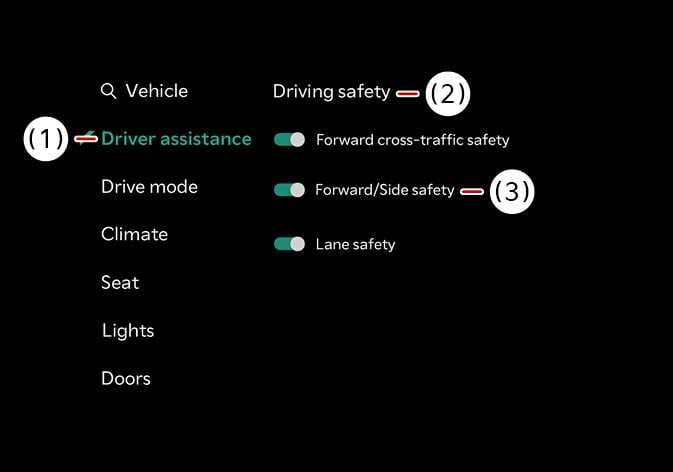 2026 Kia Tasman Forward/Side safety settings image. The infotainment screen displays the Vehicle settings menu with red callouts indicating (1) Driver assistance, (2) Driving safety, and (3) Forward/Side safety. Explains the menu path to activate the Forward/Side safety function.
