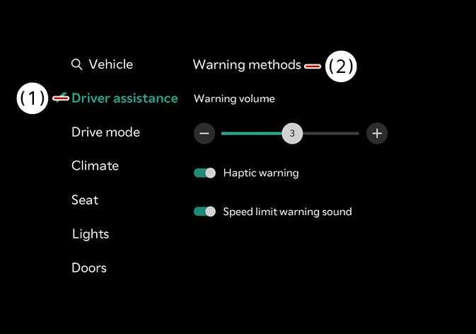 2026 Kia Tasman Warning methods settings screen image. A red arrow with callout number (1) points to the 'Driver assistance' menu highlighted in teal, and a red arrow with callout number (2) points to the 'Warning methods' title. Describes the function of accessing the menu to adjust warning volume and haptic feedback settings.