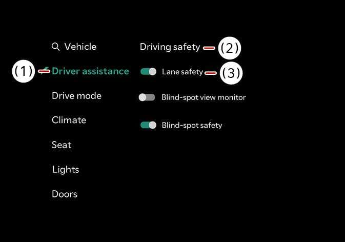 2026 Kia Tasman infotainment system settings screen image. The 'Driver assistance' (1) menu is highlighted in teal on the left. Red arrows indicate the selection flow to 'Driving safety' (2) and 'Lane safety' (3) on the right. Describes the menu path to configure Lane Safety settings.
