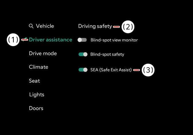 2026 Kia Tasman infotainment screen image. It displays the (1) Driver assistance menu and (2) Driving safety submenu. The (3) SEA (Safe Exit Assist) option is shown with a toggle switch highlighted in teal. Explains the function of enabling the Safe Exit Assist.