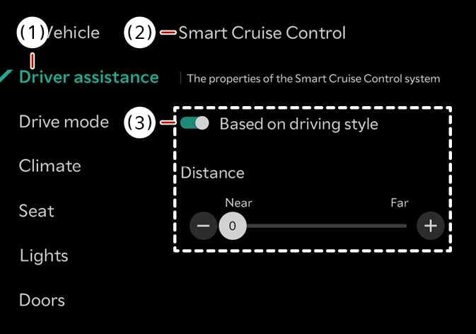 2026 Kia Tasman infotainment settings screen image. Displays the menu path: (1) 'Vehicle', 'Driver assistance', and (2) 'Smart Cruise Control'. A dotted box highlights (3) 'Based on driving style' with a teal toggle and 'Distance' slider. Explains how to configure Smart Cruise Control settings.