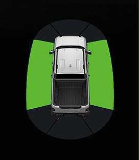2026 Kia Tasman Side Parking Distance Warning cluster display image. A top-down view of the vehicle is shown with green fan-shaped zones highlighted on the left and right sides. This explains the warning display when an object is detected within 60 to 120 cm (24 to 48 in) from the side.