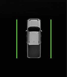 2026 Kia Tasman Side Parking Distance Warning infotainment screen image. A top-down view of the silver vehicle is displayed with vertical green lines on both sides. This explains the visual warning shown when an object is detected at a distance of 60 to 120 cm (24 to 48 in).