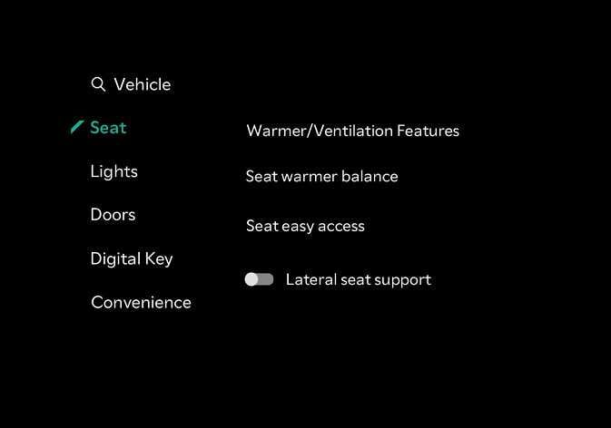 2026 Kia Tasman infotainment system Seat settings screen image. The 'Seat' menu is selected on the left with a green checkmark. The right side lists 'Warmer/Ventilation Features', 'Seat warmer balance', 'Seat easy access', and 'Lateral seat support'. It explains the menu layout for configuring seat convenience functions.