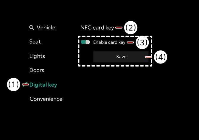 2026 Kia Tasman infotainment system Digital Key settings image. Callout (1) indicates the 'Digital key' menu. Callout (2) marks the 'NFC card key' section. Callout (3) points to the 'Enable card key' toggle switch, and callout (4) points to the 'Save' button. This explains the process of activating and saving the NFC card key settings.