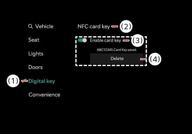 2026 Kia Tasman infotainment screen image. The Digital key menu (1) is selected on the left. The NFC card key settings (2) show the Enable card key toggle (3) activated with a green switch. The Delete button (4) is displayed below the saved card key information. Explains the screen layout for managing the NFC card key.