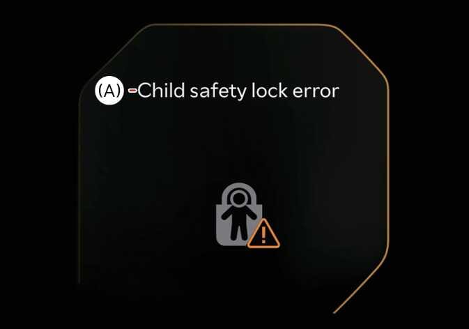 2026 Kia Tasman Child safety lock error warning message image. The instrument cluster displays the text '(A) - Child safety lock error' alongside a lock icon containing a child figure and a yellow triangle warning symbol with an exclamation mark. Explains the warning message displayed when the electronic child safety lock system malfunctions.