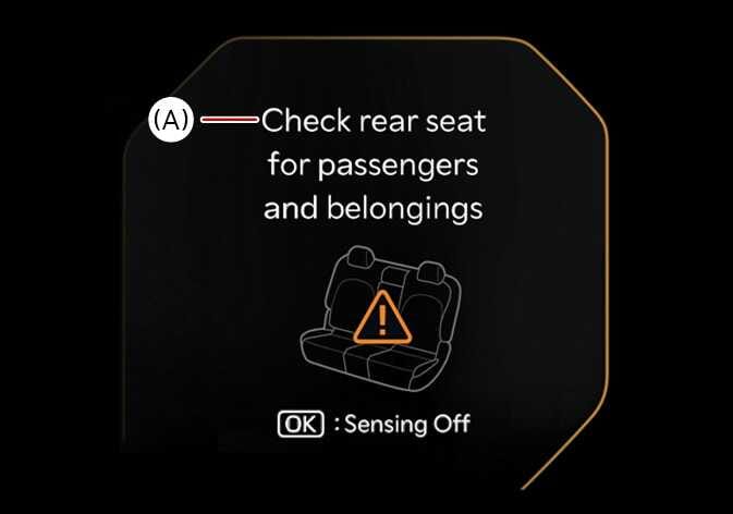 2026 Kia Tasman Rear Occupant Alert warning screen image. The message 'Check rear seat for passengers and belongings' is indicated by callout (A), accompanied by a rear seat outline with an orange warning triangle icon. '[OK] : Sensing Off' is displayed at the bottom. This explains the function alerting the driver to check the rear seats.
