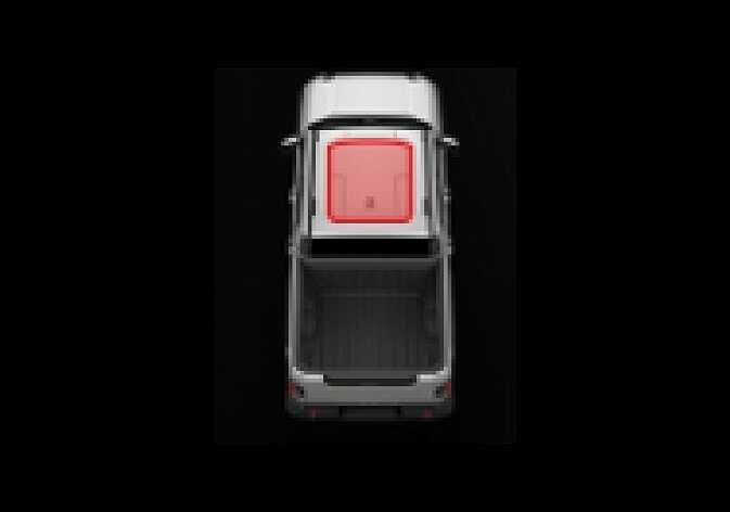 2026 Kia Tasman Sunroof open warning image. A top-down view of the vehicle displays the sunroof area on the cabin roof highlighted in red. This describes the function of alerting the driver if the sunroof is not fully closed when the vehicle is turned off.