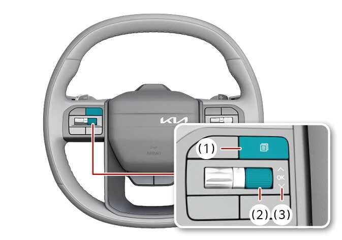 2026 Kia Tasman steering wheel LCD display control buttons image. A detailed view shows the Mode button (1) and the Up/Down/OK scroll wheel (2), (3) highlighted in teal. Explains the functions for changing view modes, searching utility information, and operating additional functions.