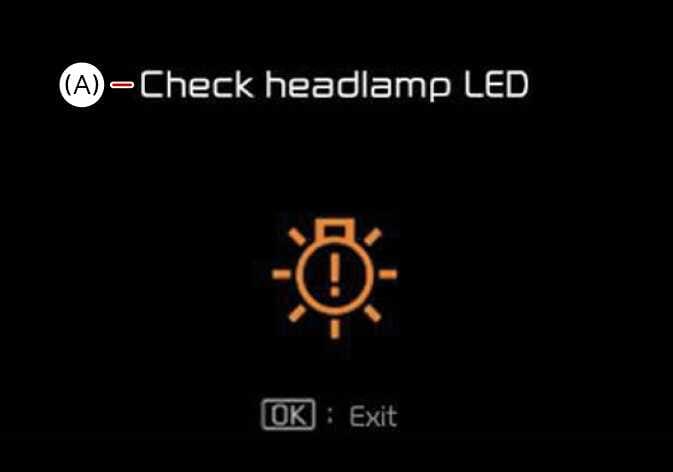 2026 Kia Tasman instrument cluster display image. The screen displays the text '(A) - Check headlamp LED' and a central orange light bulb icon with an exclamation mark. It explains the warning message alerting the driver to a headlamp LED malfunction.