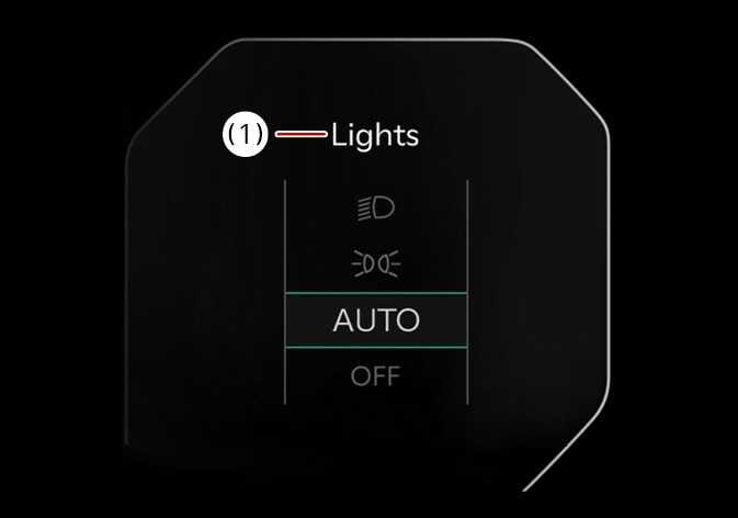 2026 Kia Tasman LCD display image showing the Lights menu. The 'Lights' title is indicated by callout number (1). It shows light icons, 'AUTO' highlighted in teal, and 'OFF'. This explains the function of displaying the light mode status on the cluster.