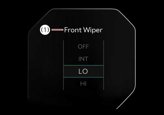 2026 Kia Tasman LCD display message image. The screen shows 'Front Wiper' marked with callout (1) and lists modes 'OFF', 'INT', 'LO', 'HI' with 'LO' highlighted in a box. Explains the function of displaying the front wiper operation status.