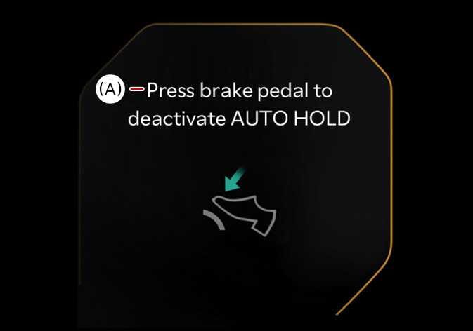 2026 Kia Tasman EPB warning message image. The screen displays '(A) Press brake pedal to deactivate AUTO HOLD' with a foot pressing a pedal icon highlighted by a cyan arrow. This explains the warning shown when the conversion from AUTO HOLD to EPB fails.