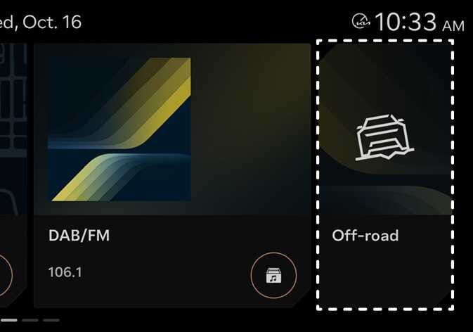 2026 Kia Tasman infotainment system screen image. The 'Off-road' menu item is highlighted by a white dashed box on the right side, displaying a vehicle icon on rough terrain and the text 'Off-road'. The 'DAB/FM' radio widget is visible on the left. Explains the function of accessing the off-road driving information display.
