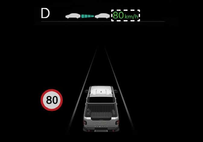 2026 Kia Tasman instrument cluster image. The display shows a speed limit sign of 80 and the set speed '80 km/h' highlighted in green inside a dotted box. This illustrates the auto set speed change function automatically adjusting the speed to the road limit.