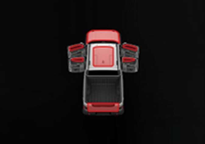 2026 Kia Tasman LCD display warning image. A top-down view of the vehicle shows the hood, four open doors, sunroof, and tailgate highlighted in red. Explains the warning function indicating that the door, hood, tailgate, or sunroof is open.