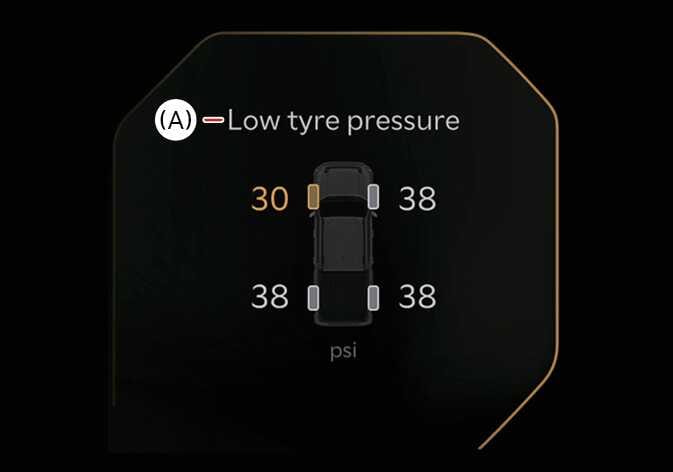 2026 Kia Tasman utility information view image. The display shows the text 'Low tyre pressure' indicated by callout (A). A vehicle graphic presents tire pressure values in psi, where the front left value '30' and its corresponding tire icon are highlighted in orange, contrasting with the white '38' for normal tires. This describes the function of alerting the driver to low tire pressure conditions.