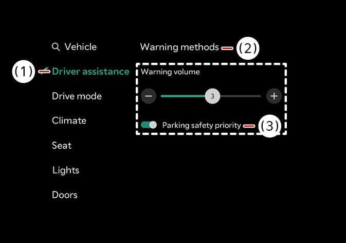 2026 Kia Tasman Warning Methods settings screen image. The screen displays the Vehicle menu where (1) Driver assistance is selected. The (2) Warning methods section features a volume slider and a (3) Parking safety priority toggle switch. Describes the function of setting warning volumes and prioritizing parking safety audio.