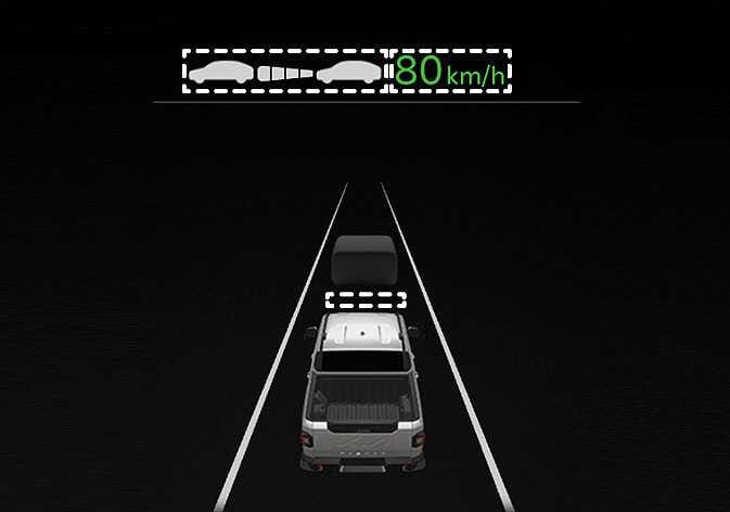 2026 Kia Tasman Smart Cruise Control display image. The set speed '80 km/h' in green and the distance indicator are highlighted with a dashed box at the top. Below, the distance level bars between the vehicle and the car ahead are also highlighted. This illustrates the blinking indicators when the accelerator is depressed for temporary acceleration.