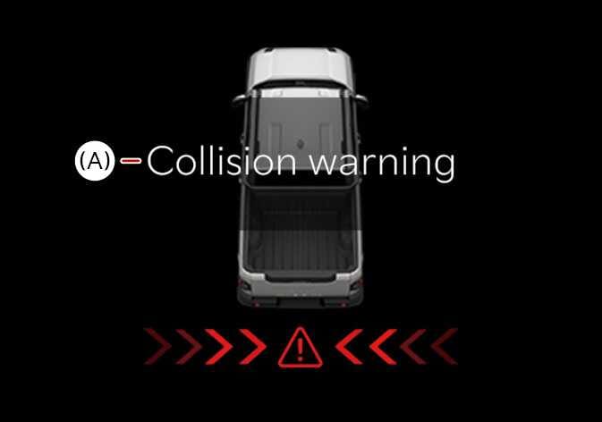 2026 Kia Tasman Collision warning image. A top-down view of the vehicle features the text '(A) - Collision warning'. Below the vehicle, a red triangle icon with an exclamation mark is flanked by red chevron arrows pointing inward from the left and right. Explains the collision warning function that alerts the driver of vehicles approaching from the sides.