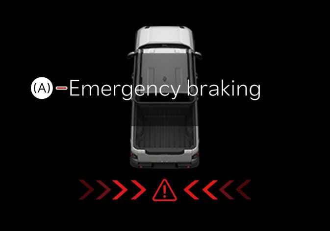 2026 Kia Tasman Rear Cross-Traffic Collision-Avoidance Assist Emergency braking image. A top-down view of the vehicle features a red warning triangle with an exclamation mark and red chevron arrows pointing inward at the rear. The label (A) indicates the emergency braking operation. This explains the function that assists with braking to prevent collisions with vehicles approaching from the left and right while reversing.