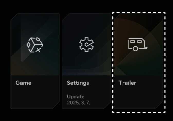 2026 Kia Tasman infotainment system Trailer menu image. The 'Trailer' menu is highlighted by a white dashed box, showing a trailer icon and 'Trailer' text. 'Game' and 'Settings' icons are on the left. This explains the function of accessing the trailer settings.