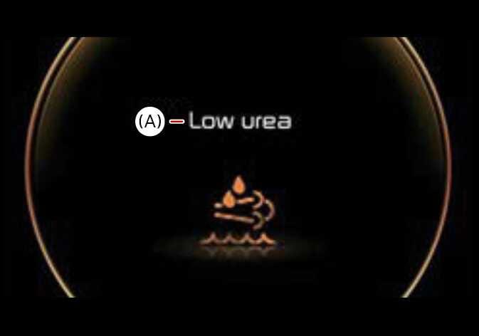 2026 Kia Tasman Low urea warning message image. The dashboard screen displays the text 'Low urea' indicated by callout (A), accompanied by an amber icon depicting exhaust fluid droplets and wavy lines. This explains the warning function alerting the driver that the urea solution level is low.