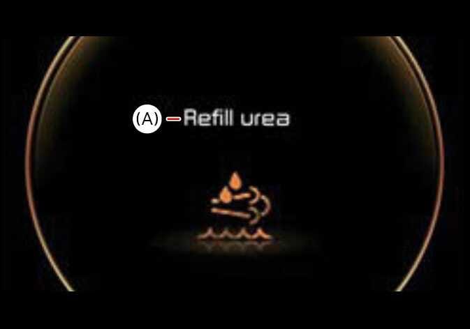 2026 Kia Tasman Refill Urea warning message image. The display shows the text '(A) - Refill urea' and an amber icon depicting exhaust fluid droplets and waves. Explains the warning indicating the need to refill the urea solution tank.