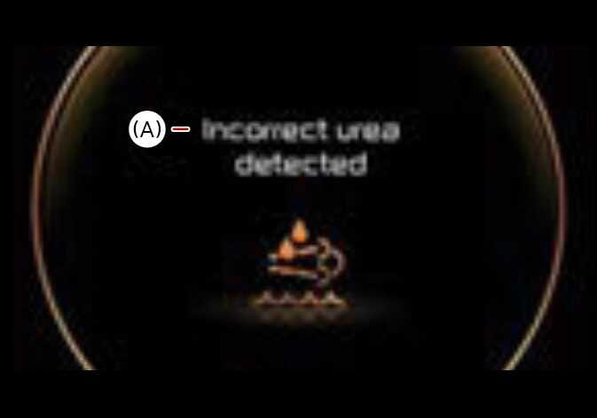 2026 Kia Tasman Incorrect urea detected warning message image. The instrument cluster screen displays the text '(A) - Incorrect urea detected' accompanied by an amber exhaust system icon with droplets. This explains the warning message indicating that incorrect urea solution has been detected.