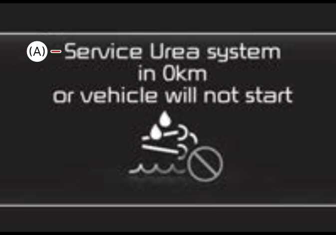 2026 Kia Tasman instrument cluster warning message image. The screen displays the text '(A) Service Urea system in 0km or vehicle will not start' above a urea system icon with a prohibition sign. This explains the warning notification for urea solution system failure or abnormal consumption, indicating the vehicle will not restart.