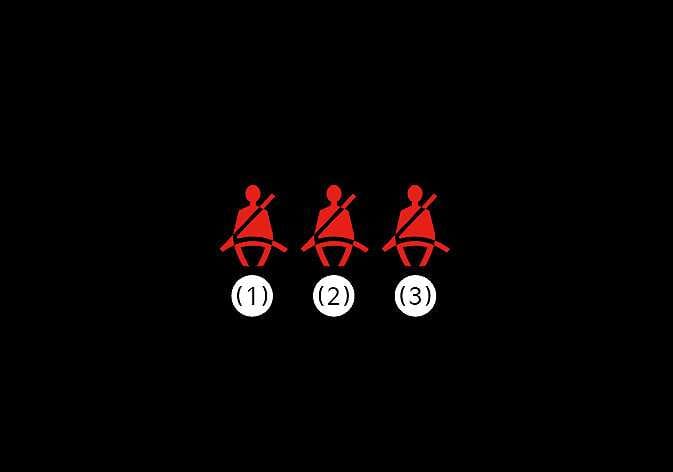 2026 Kia Tasman rear seat belt warning light image. Three red icons depict seated passengers with seat belts. Numbers indicate (1) Rear seats left side, (2) Rear seats center side, and (3) Rear seats right side. Explains the function of the warning light illuminating when a seat belt is unfastened.