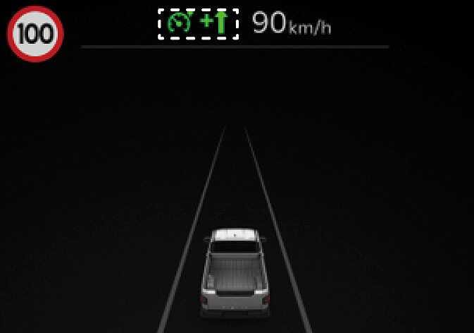 2026 Kia Tasman instrument cluster display image. A vehicle drives on a dark road with a '100' speed limit sign on the left. A green icon with a speedometer, plus sign, and upward arrow is highlighted in a dotted box next to '90 km/h'. This explains the function alerting the driver to adjust the set speed to the speed limit.