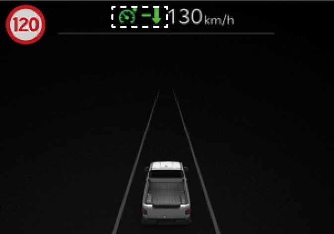 2026 Kia Tasman Intelligent Speed Limit Assist display image. A vehicle is shown on a road with a 120 km/h speed limit sign. A green speedometer icon with a downward arrow is highlighted next to the 130 km/h set speed. This explains the notification function to change the set speed according to the speed limit.