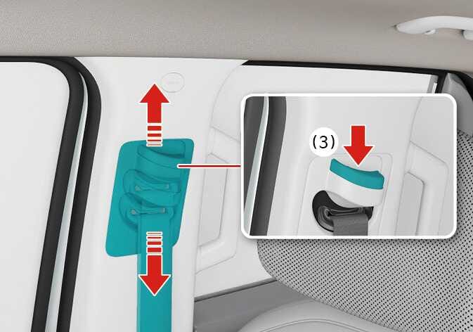 2026 Kia Tasman seat belt height adjuster image. The seat belt anchor on the pillar is highlighted in teal, with red vertical arrows indicating upward and downward movement. A detailed inset view labeled (3) shows a red arrow pointing inward to press the release button. Explains the function of adjusting the seat belt anchor height.