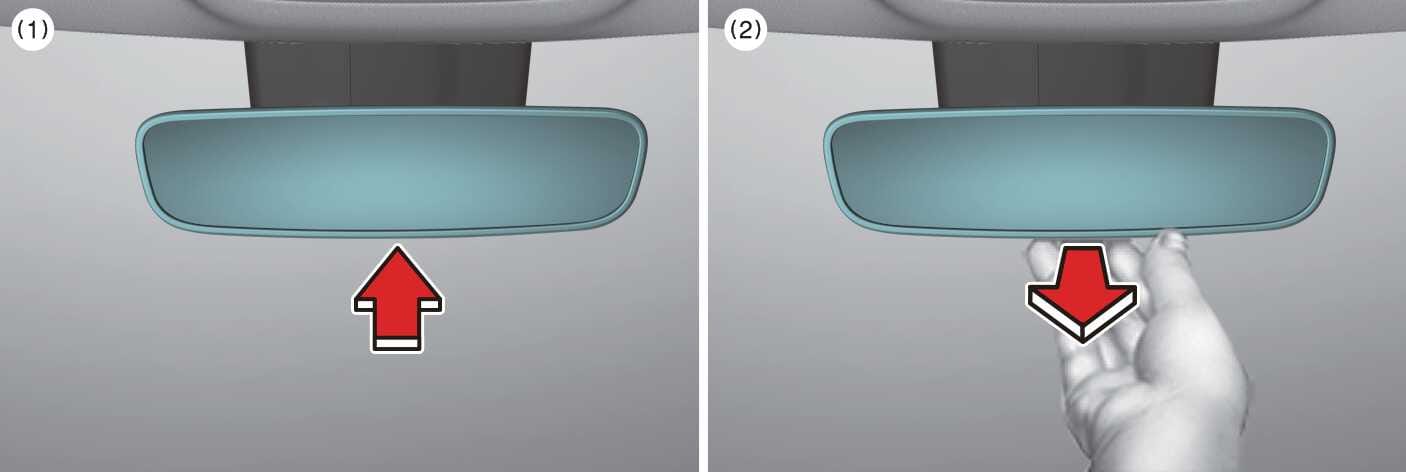 2026 Kia Tasman day/night rearview mirror image. The mirror is highlighted in teal. Panel (1) shows a red arrow pointing up at the lever. Panel (2) shows a hand pulling the lever down with a red arrow. Explains the function of operating the day/night lever to reduce glare.