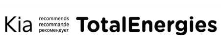 2026 Kia Tasman TotalEnergies recommendation logo image. It displays the Kia logo on the left and the TotalEnergies logo on the right, separated by 'recommends' text. This indicates the recommended lubricant brand for the vehicle.