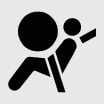 2026 Kia Tasman air bag warning light icon. It depicts a seated figure with a seatbelt and a large circle representing an airbag. It indicates the operation status or malfunction of the Safety Restraint System (SRS).