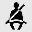 2026 Kia Tasman Seat belt warning light icon. The image shows a black silhouette of a seated person with a seat belt across the chest and lap. It functions to inform the driver that the seat belt is not fastened.