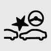 2026 Kia Tasman Forward Collision-Avoidance Assist warning light icon. The symbol features two car silhouettes in a collision with a star shape and a steering wheel icon above. It functions to warn the driver of an imminent collision or a system malfunction.