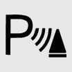 2026 Kia Tasman Parking Safety button indicator icon. The icon displays the letter 'P' with curved signal waves radiating towards a triangular cone shape. It indicates the activation status of the Parking Distance Warning system.
