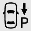 2026 Kia Tasman Remote Smart Parking Assist 2 (Backward) icon. It features a top-down view of a vehicle with a downward arrow pointing towards the letter P. Explains the function of moving the vehicle backward remotely.