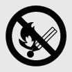2026 Kia Tasman No flames or sparks warning icon. A black circle with a diagonal slash is displayed over a flame icon. This warns to keep lighted cigarettes and all other flames or sparks away from the battery.