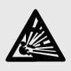 2026 Kia Tasman explosion hazard icon. A black triangular symbol containing a graphic of an explosion with debris flying outward. Warns of the potential for explosion due to combustible hydrogen gas in the battery.