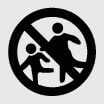 2026 Kia Tasman keep out of reach of children icon. A prohibition symbol featuring a black circle with a diagonal slash over silhouettes of a child and an adult. Indicates the safety warning to keep children away from the battery.