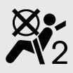 2026 Kia Tasman airbag warning icon. The symbol displays a seated figure with a seatbelt and a crossed-out circle in the airbag deployment area, labeled with the number 2. It warns to avoid improper seating positions or placing child seats in the front to prevent injury from airbag deployment.